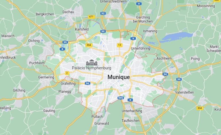 Onde fica Munique, Alemanah, no Mapa. Fonte Google Maps.