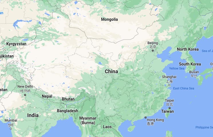 Onde fica a China no mapa. Fonte: Google Maps.