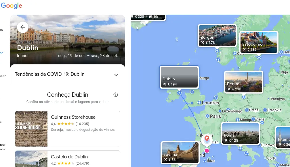 Google Fligths informações sobre o destino e dicas de viagem