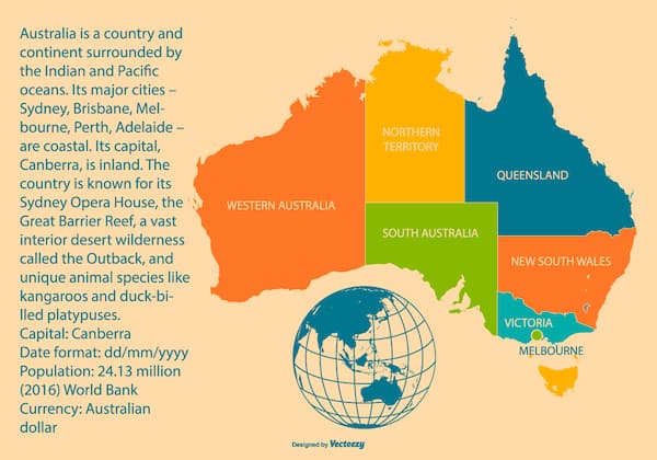 Mapa com cidades e estados da Austrália.