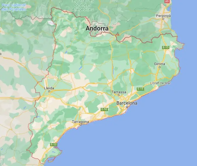 Captura de tela da região da Catalunha no Google Maps.