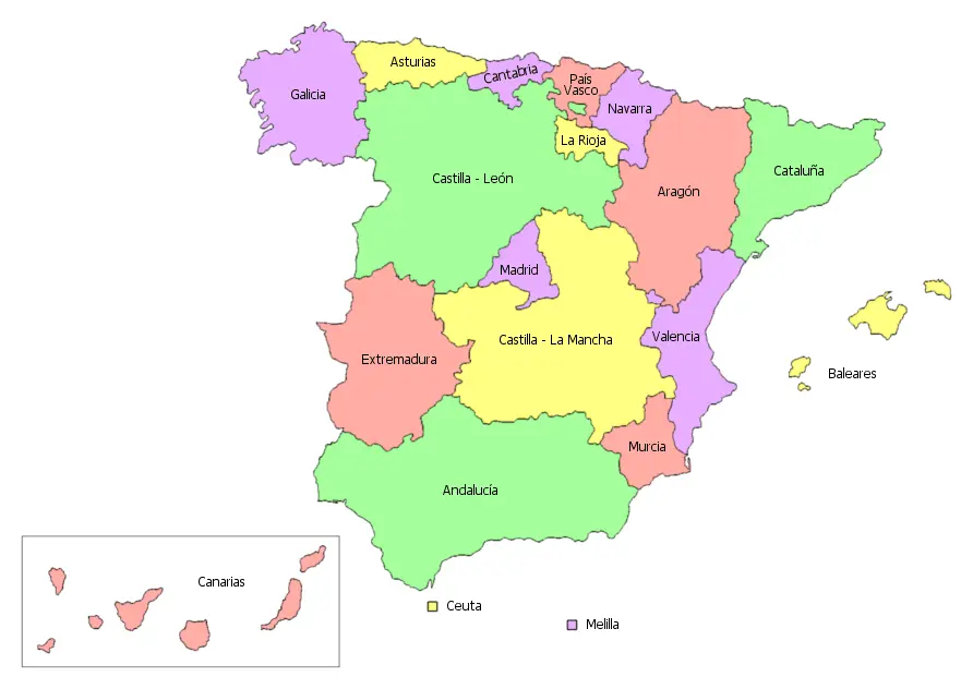 Mapa da Espanha destacando suas 17 comunidades autônomas