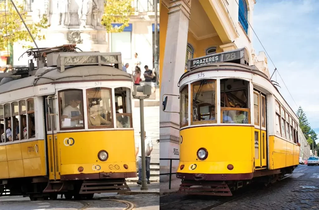 O Elétrico 28 amarelo passando por uma rua de Lisboa, uma das experiências emblemáticas sobre o que fazer em Lisboa.